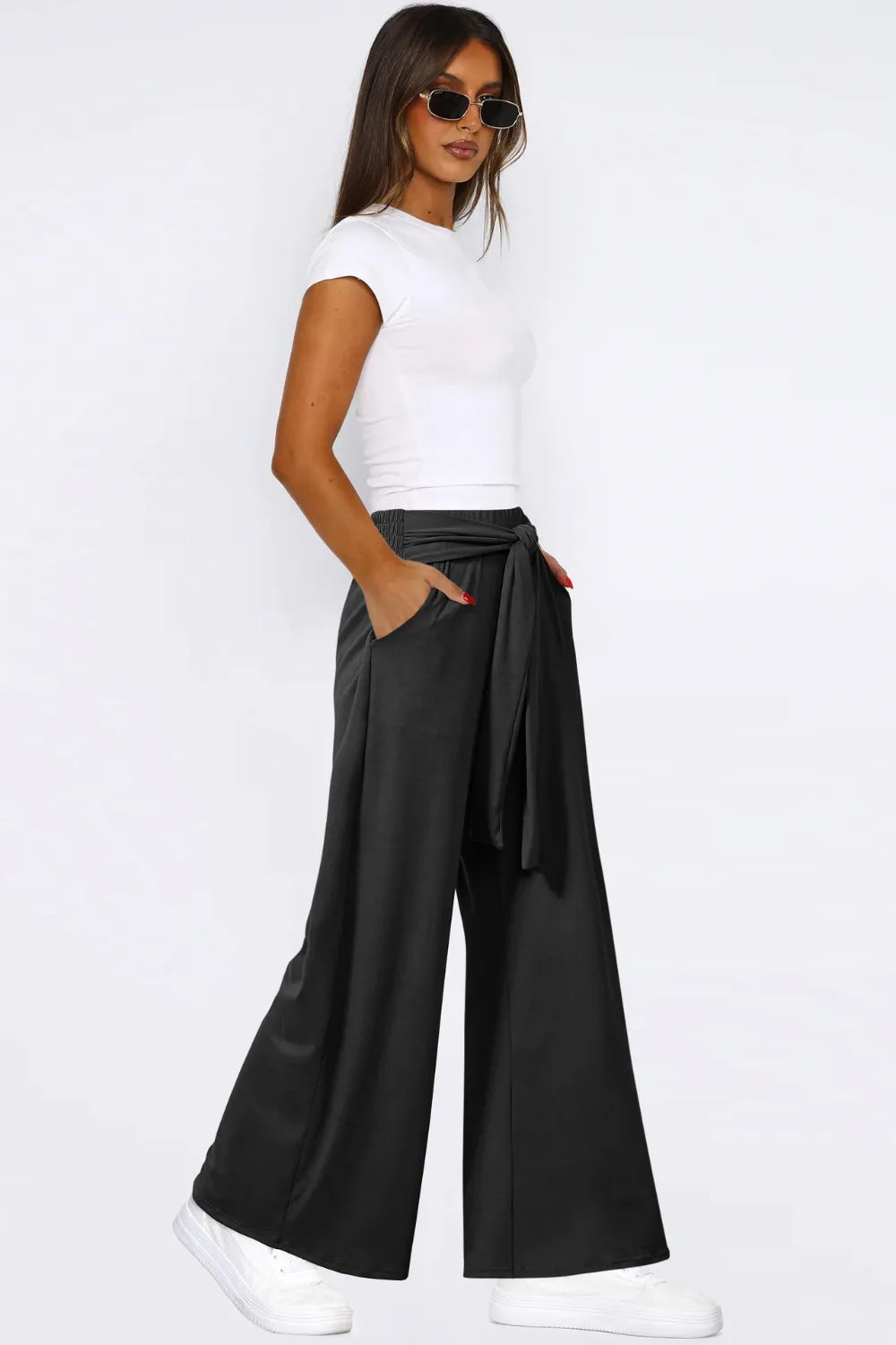 Tied Pocketed Wide Leg Pants