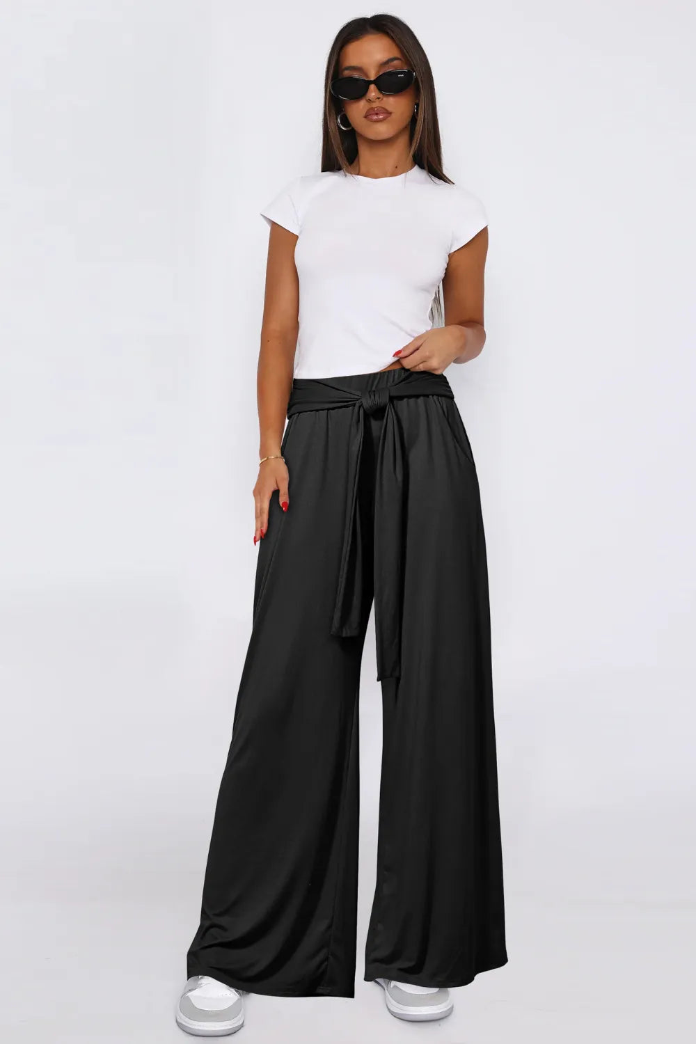 Tied Pocketed Wide Leg Pants Black / S