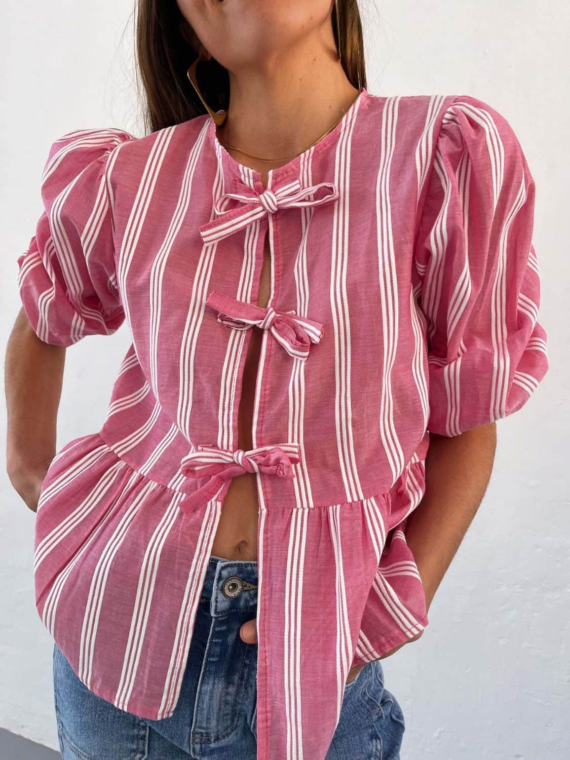 Tied Round Neck Balloon Sleeve Shirt Fuchsia Pink / S