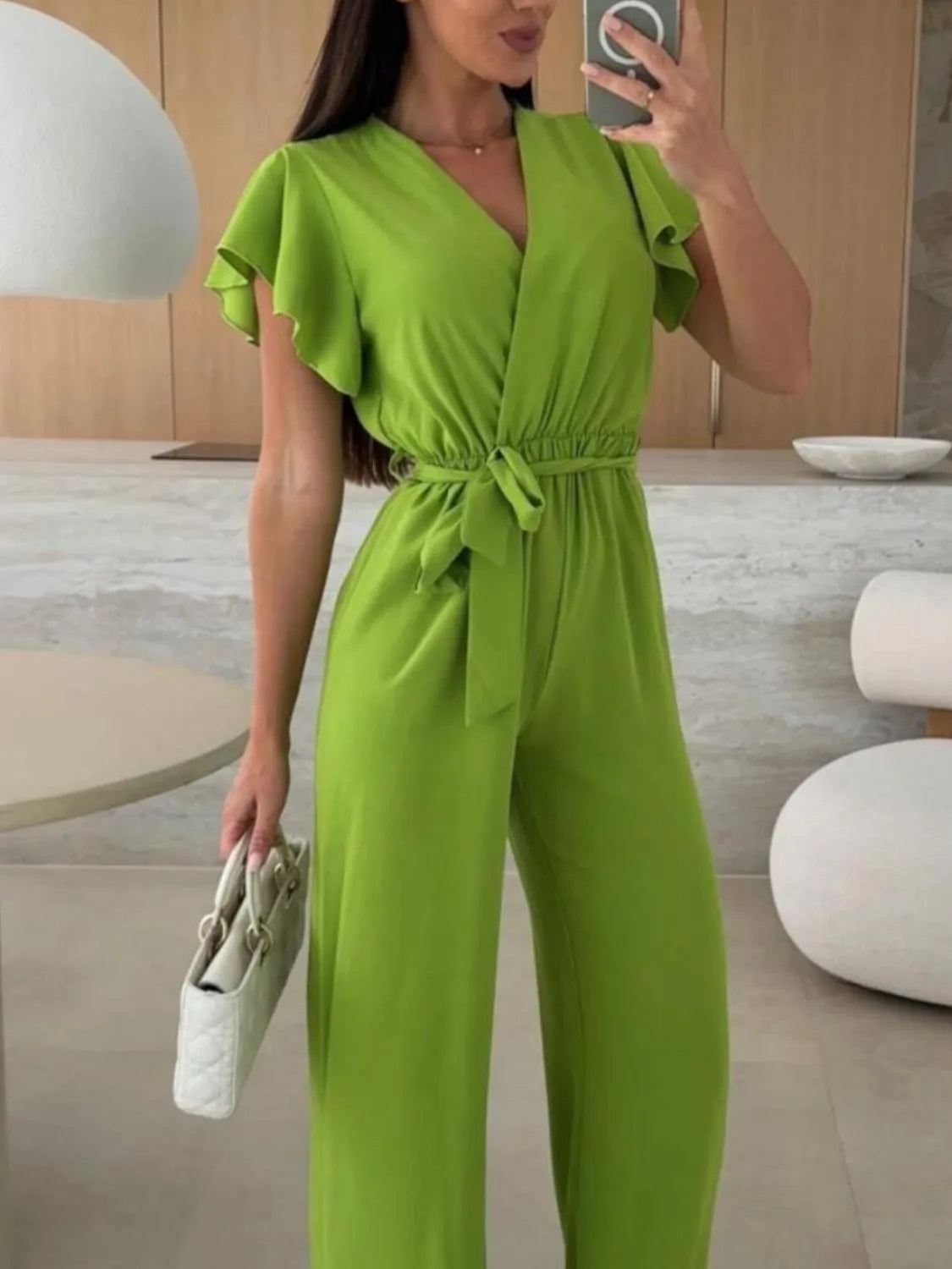 Tied Ruffled Wide Leg Jumpsuit Lime / XL