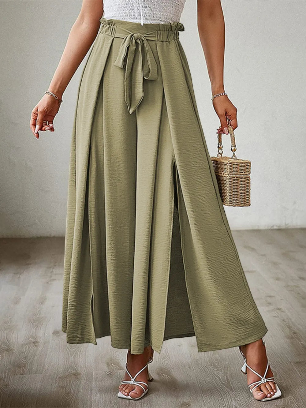 Tied Slit Wide Leg Pants Matcha Green / L