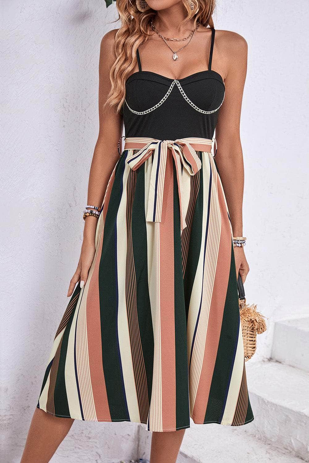 Tied Striped Spaghetti Strap Dress Black / S