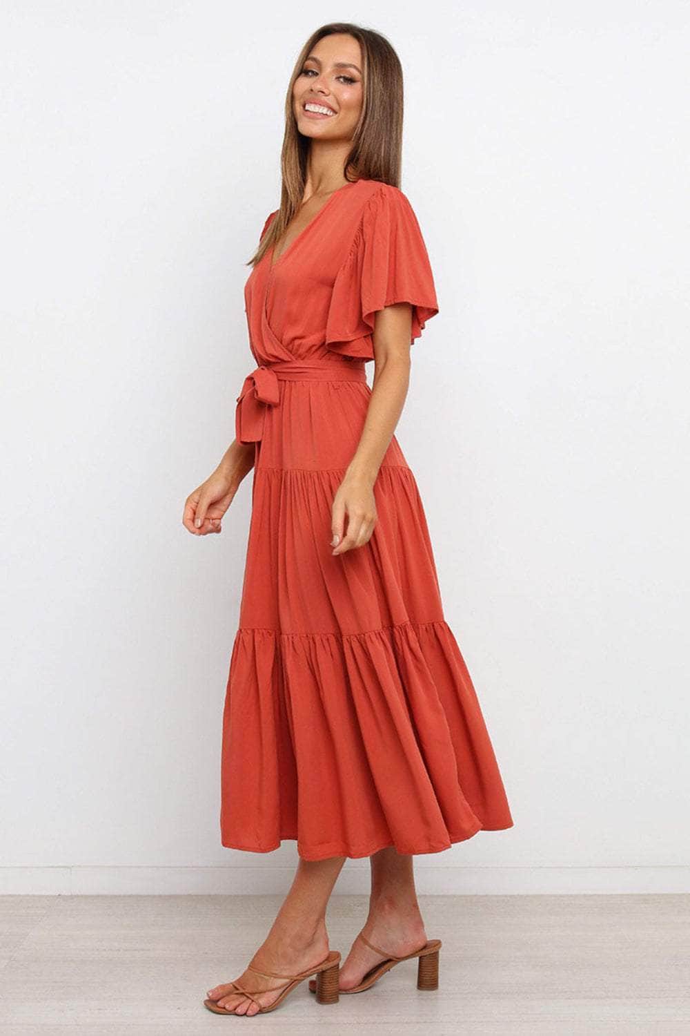 Tied Tiered Short Sleeve Midi Dress