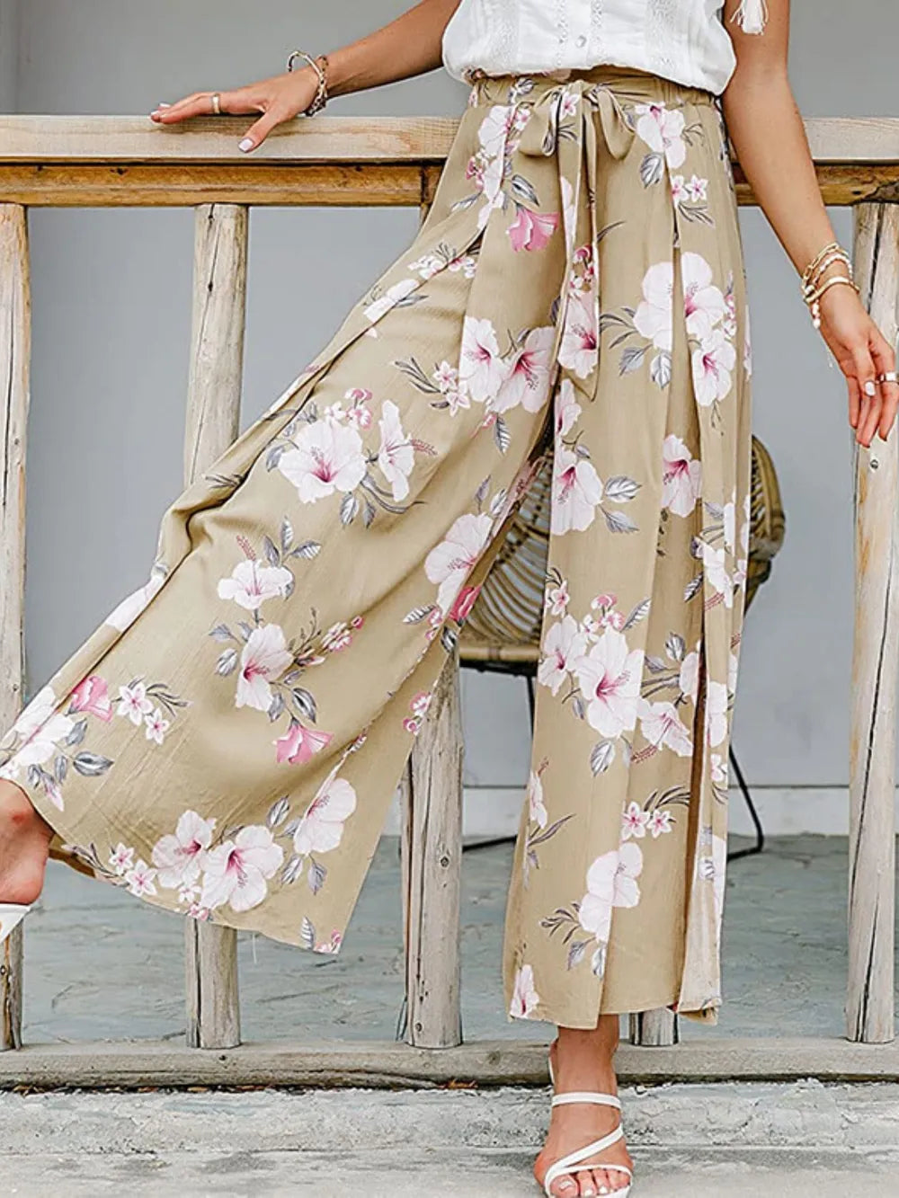 Tied Waist Slit Floral Wide leg Pants