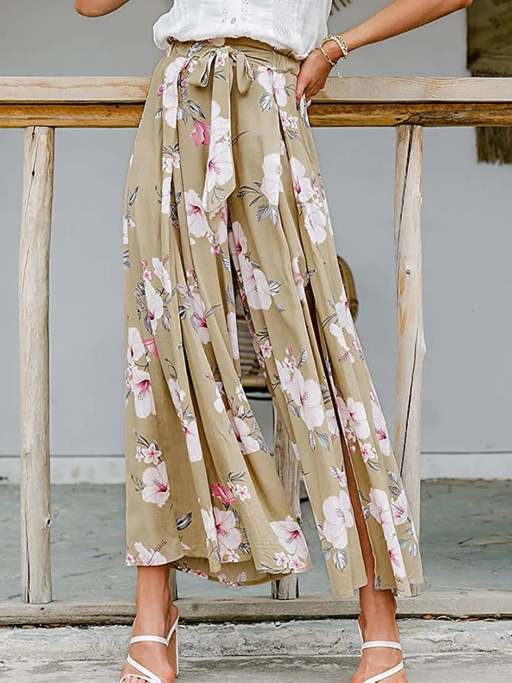 Tied Waist Slit Floral Wide leg Pants Floral / S