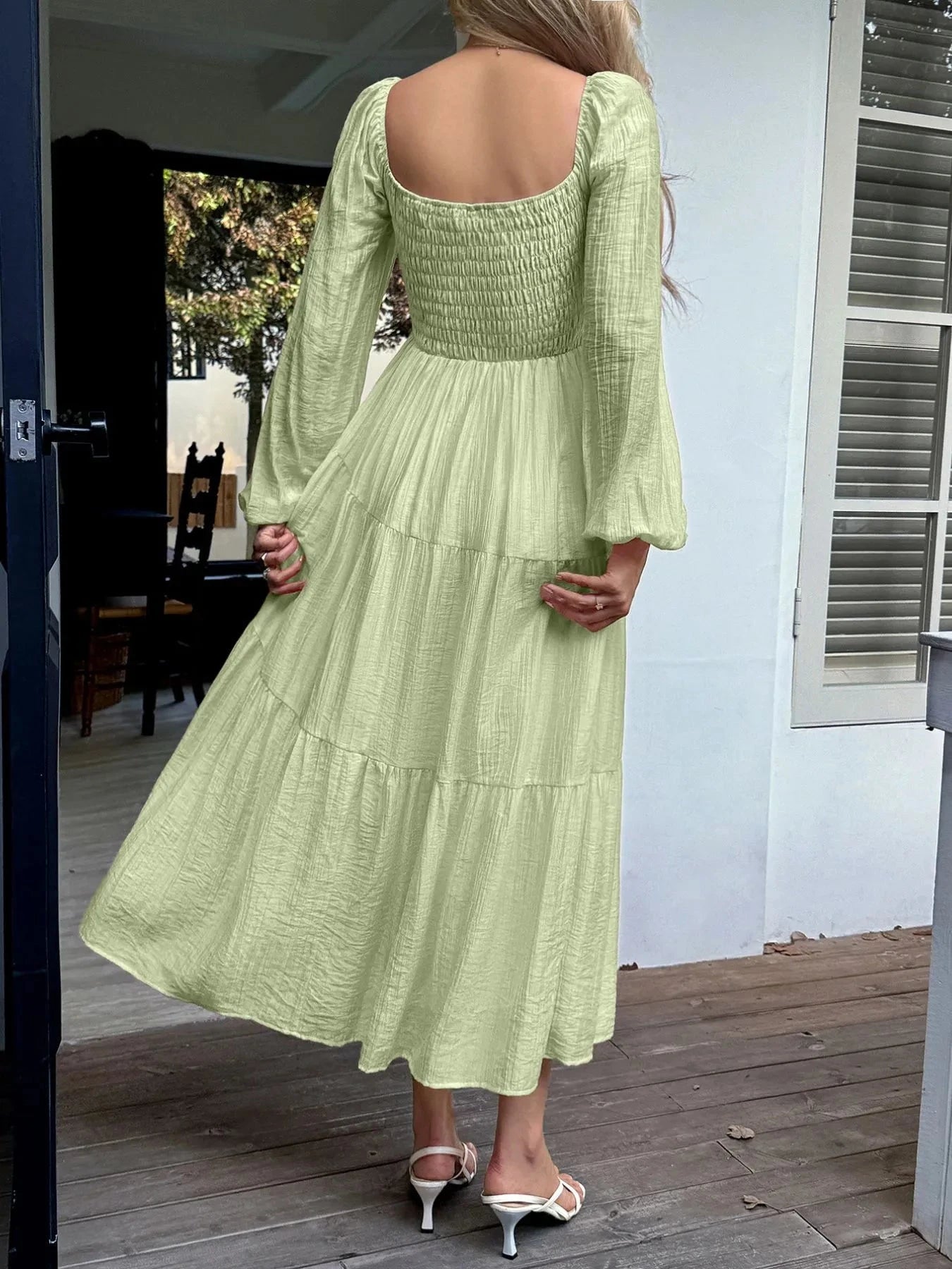 Tiered Balloon Sleeve Midi Dress