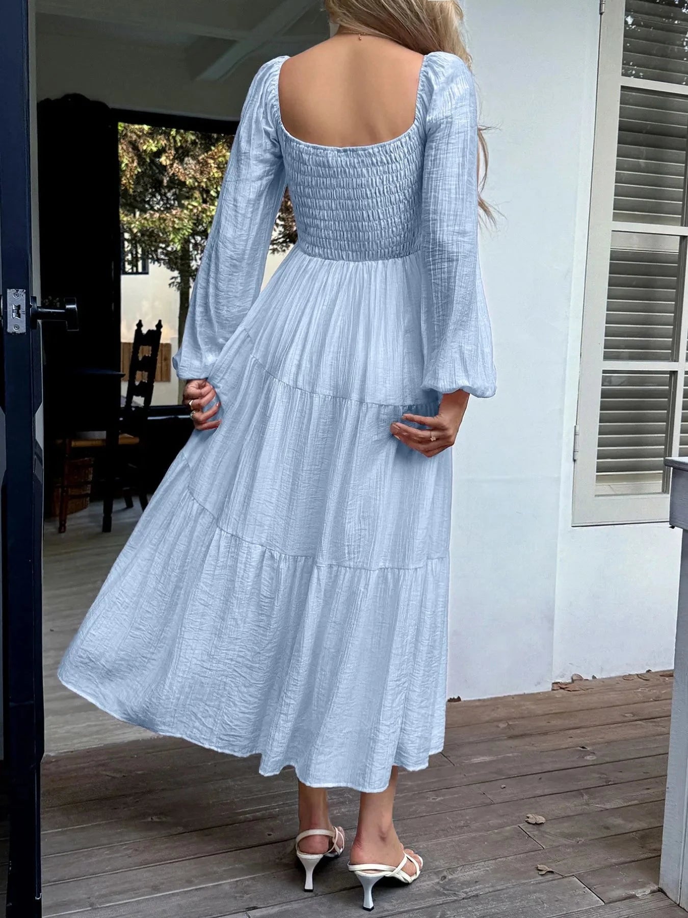 Tiered Balloon Sleeve Midi Dress