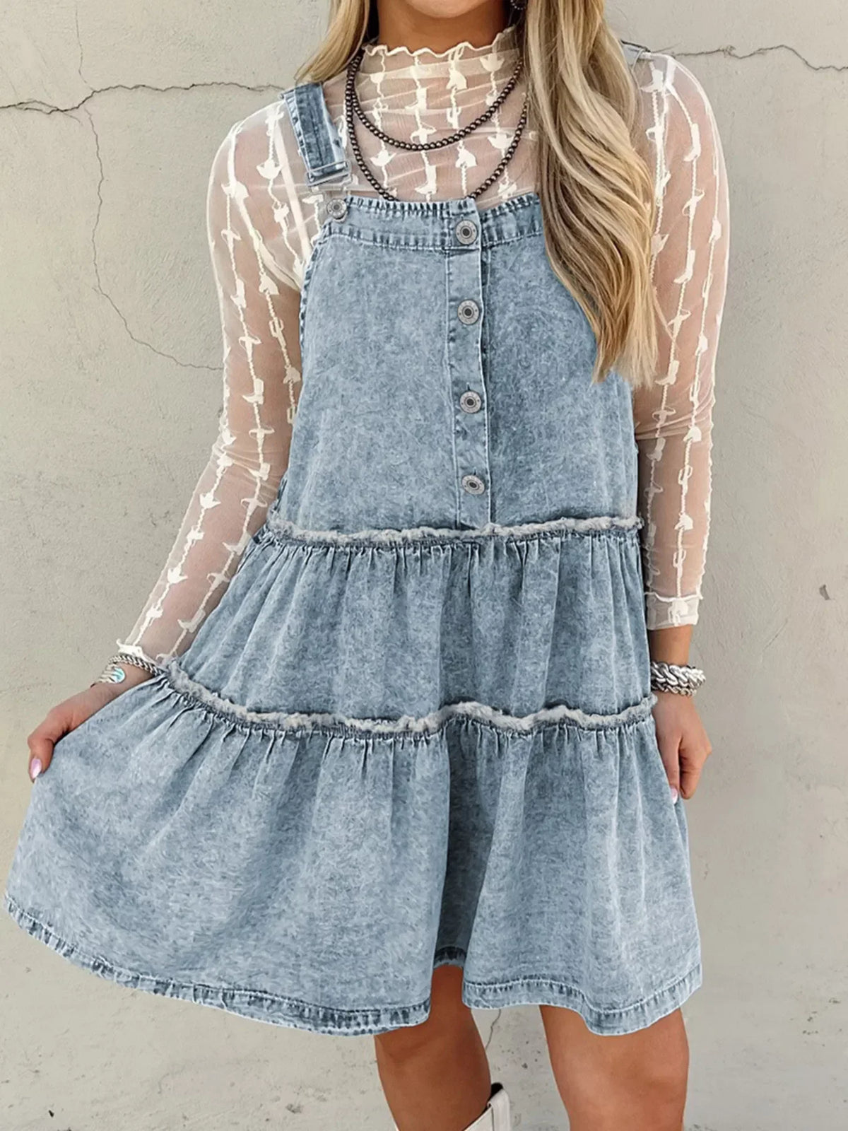 Tiered Flowy Overall Denim Dress Light Blue / M