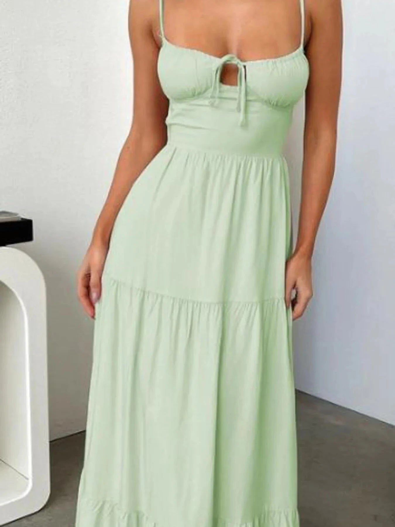 Tiered Lace Up Spaghetti Straps Maxi Dress Fruit Green / S