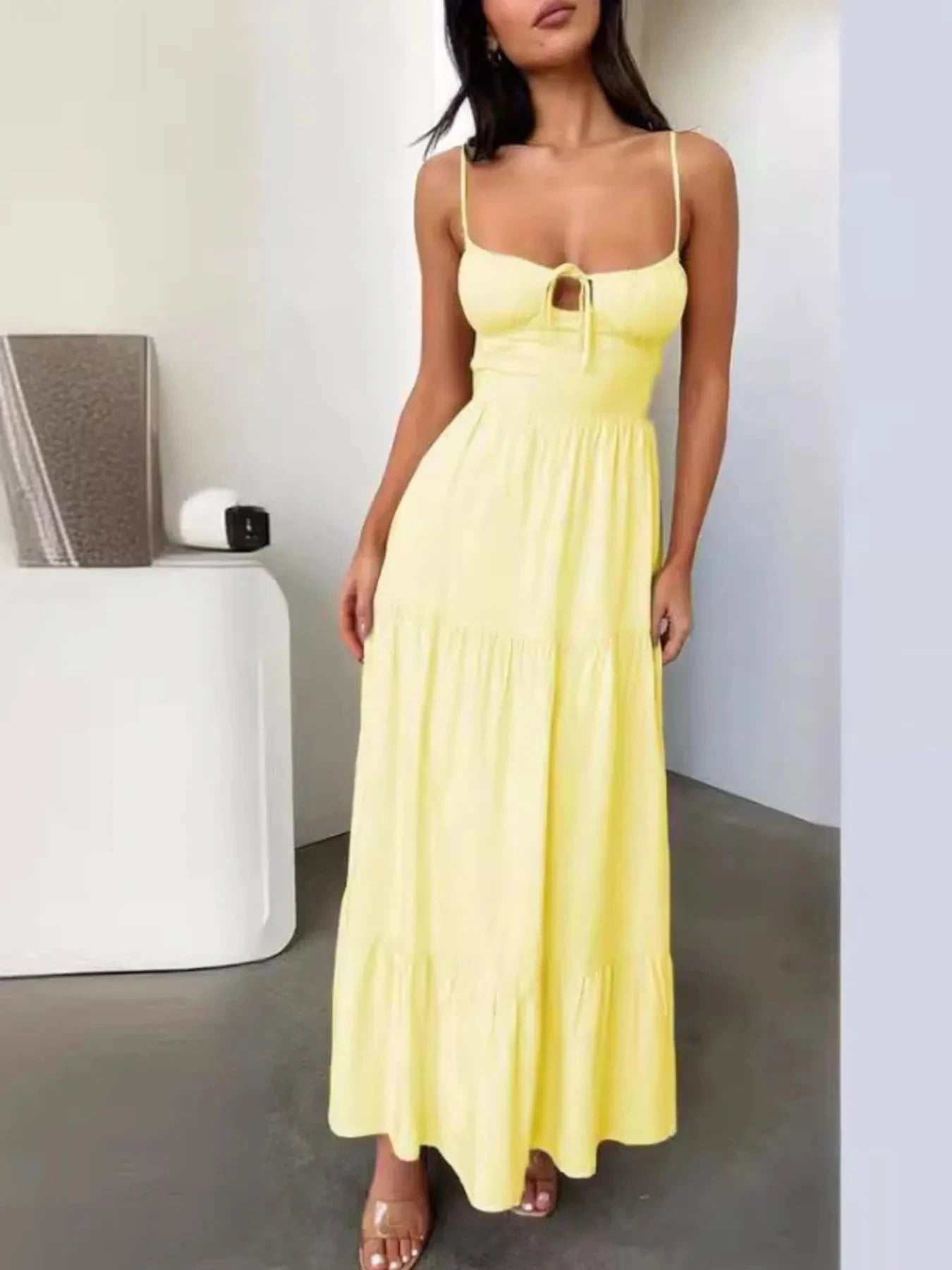 Tiered Lace Up Spaghetti Straps Maxi Dress Yellow / S