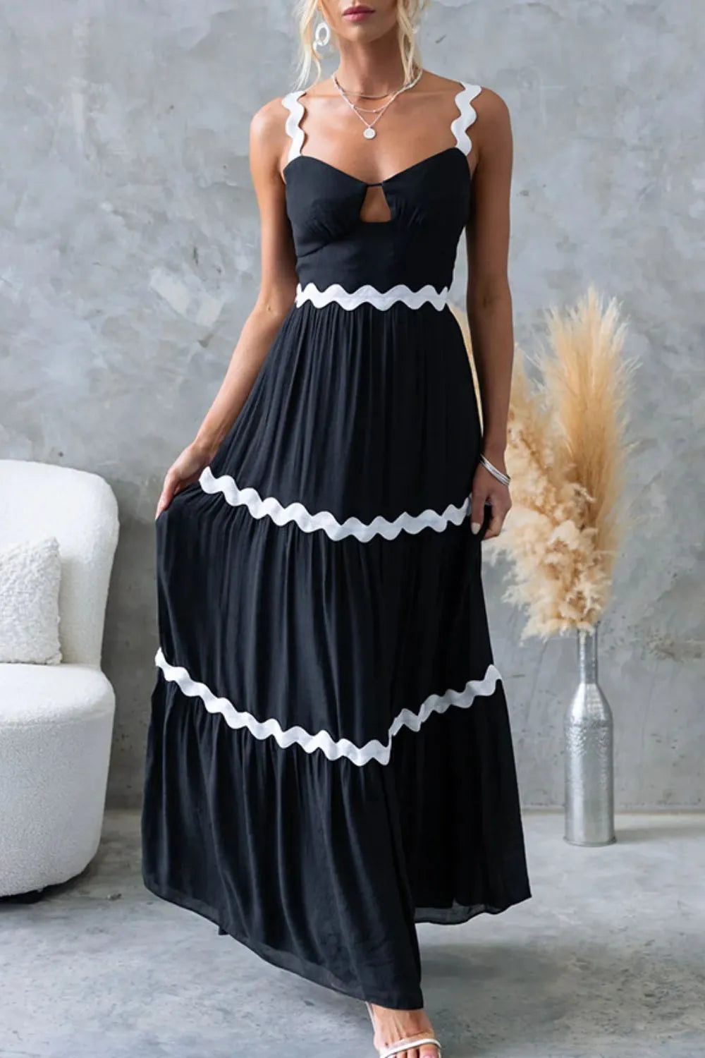 Tiered Maxi Dress with Scalloped Trim Black / S
