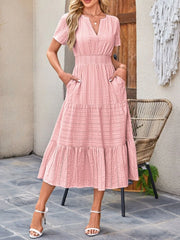 Tiered Notched Short Sleeve Dress Blush Pink / S