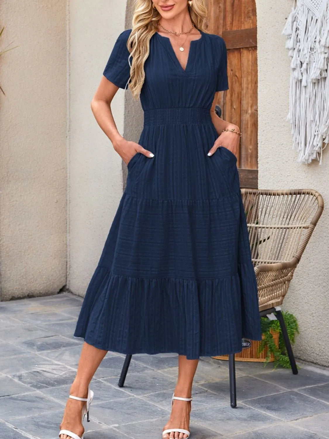 Tiered Notched Short Sleeve Dress Dark Blue / S