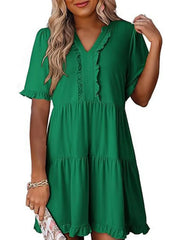 Tiered Notched Short Sleeve Mini Dress Dark Green / S
