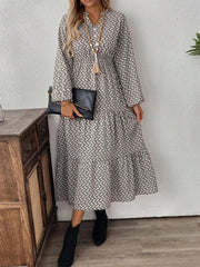 Tiered Printed Notched Long Sleeve Dress