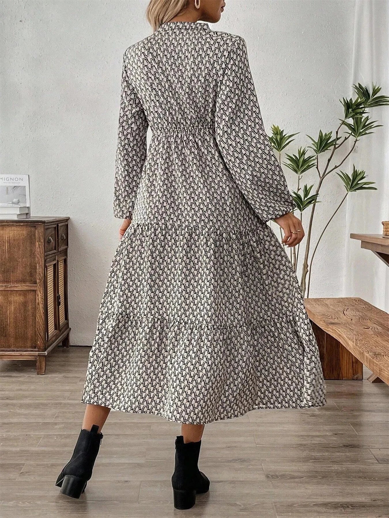 Tiered Printed Notched Long Sleeve Dress