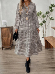 Tiered Printed Notched Long Sleeve Dress