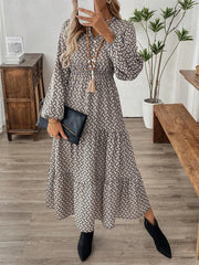Tiered Printed Notched Long Sleeve Dress Dark Gray / S