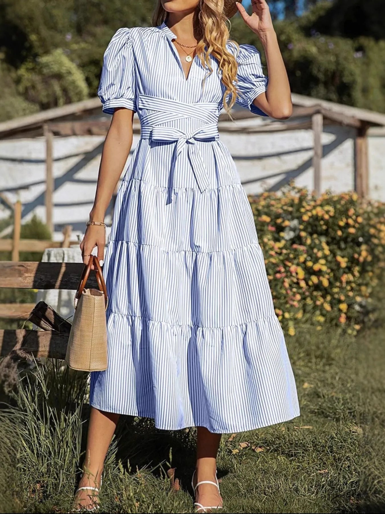 Tiered Striped Puff Sleeve Midi Dress