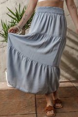 Tiered Wash Denim Maxi Skirt with Elastic Waist