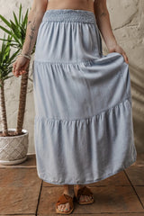 Tiered Wash Denim Maxi Skirt with Elastic Waist