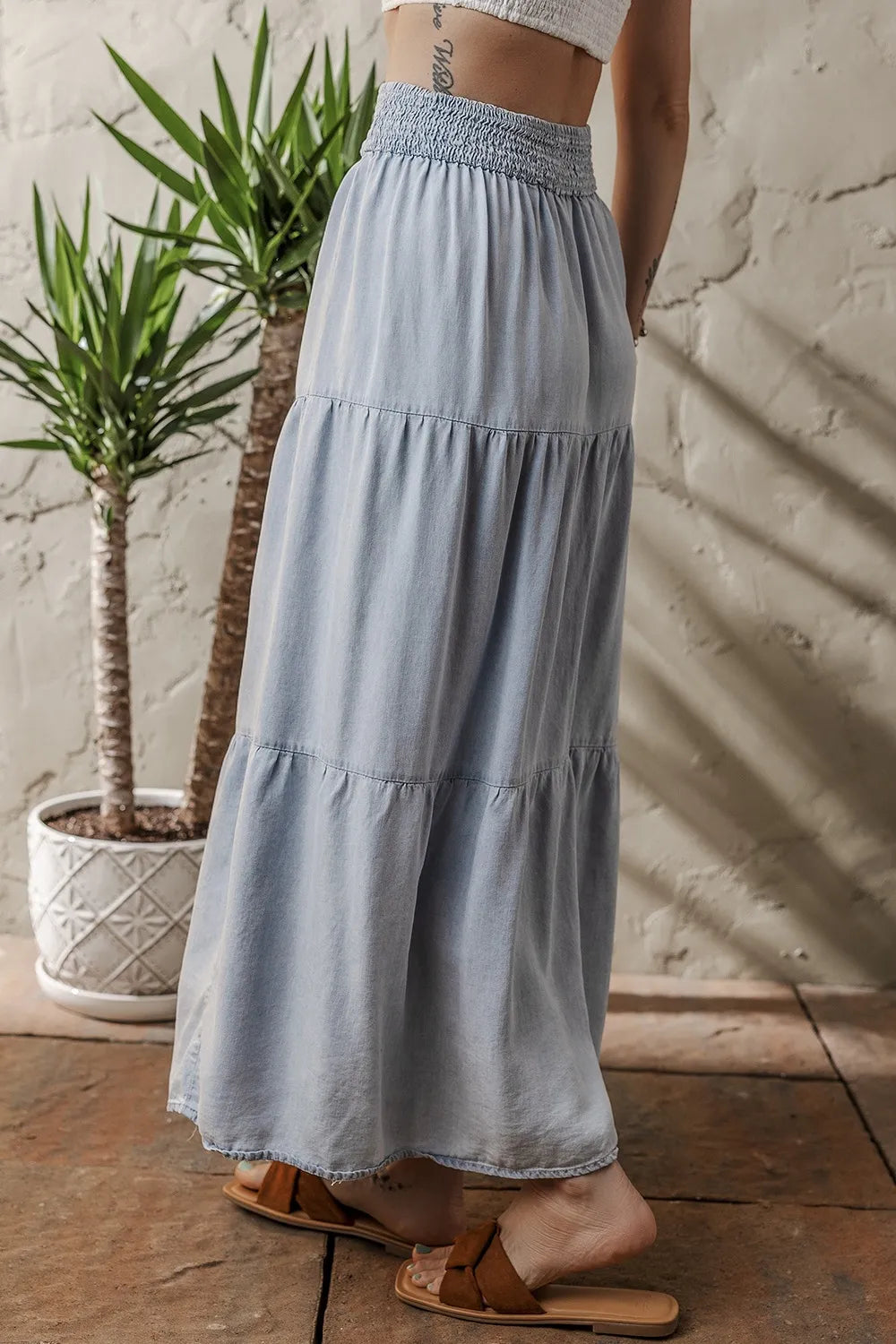 Tiered Wash Denim Maxi Skirt with Elastic Waist