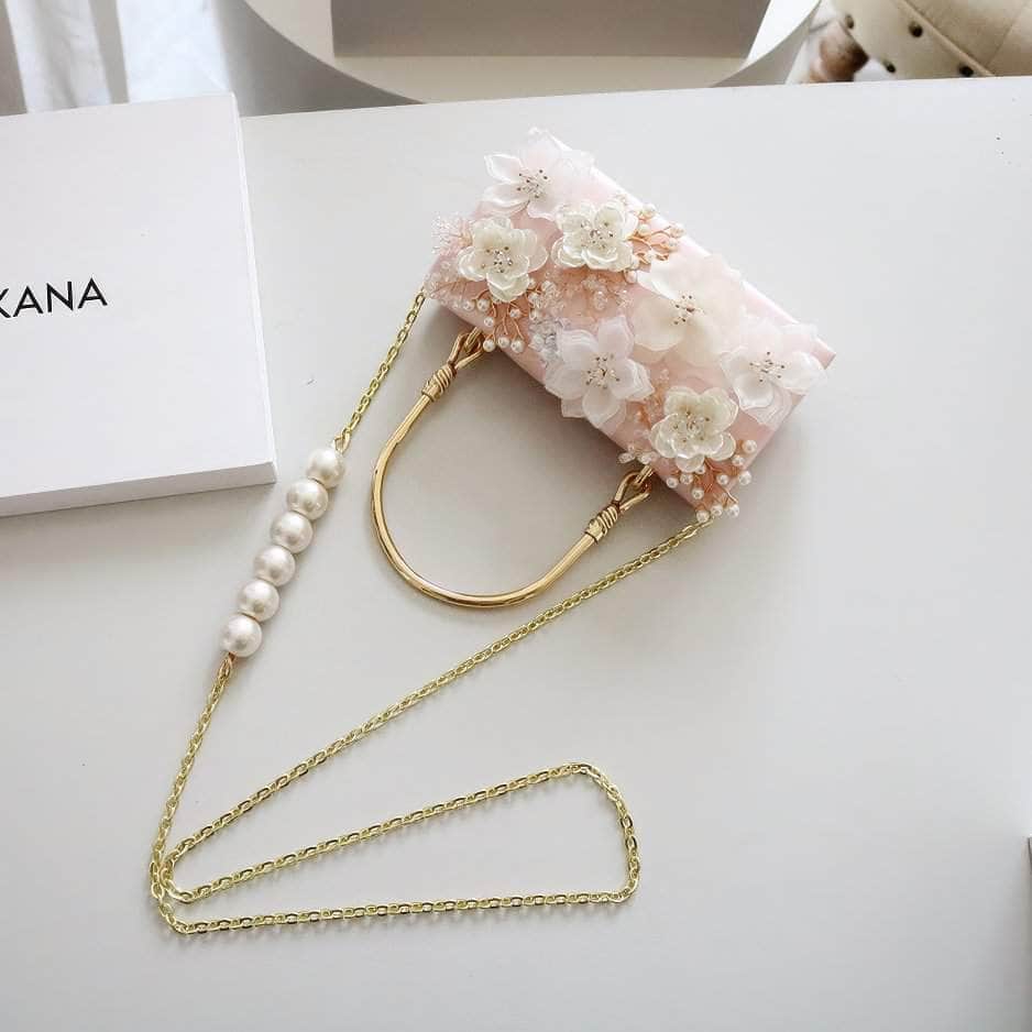 Top Handle 3D Floral Metal Embellished Clutch Purse Pink