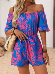 Tropical Print Off-Shoulder Romper Blue / S