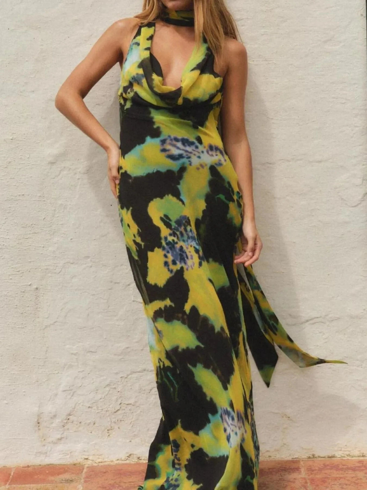Tropical Print Sleeveless Maxi Dress Green / S