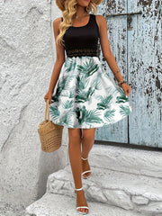 Tropical Print Sleeveless Summer Dress with Lace Waist Detail