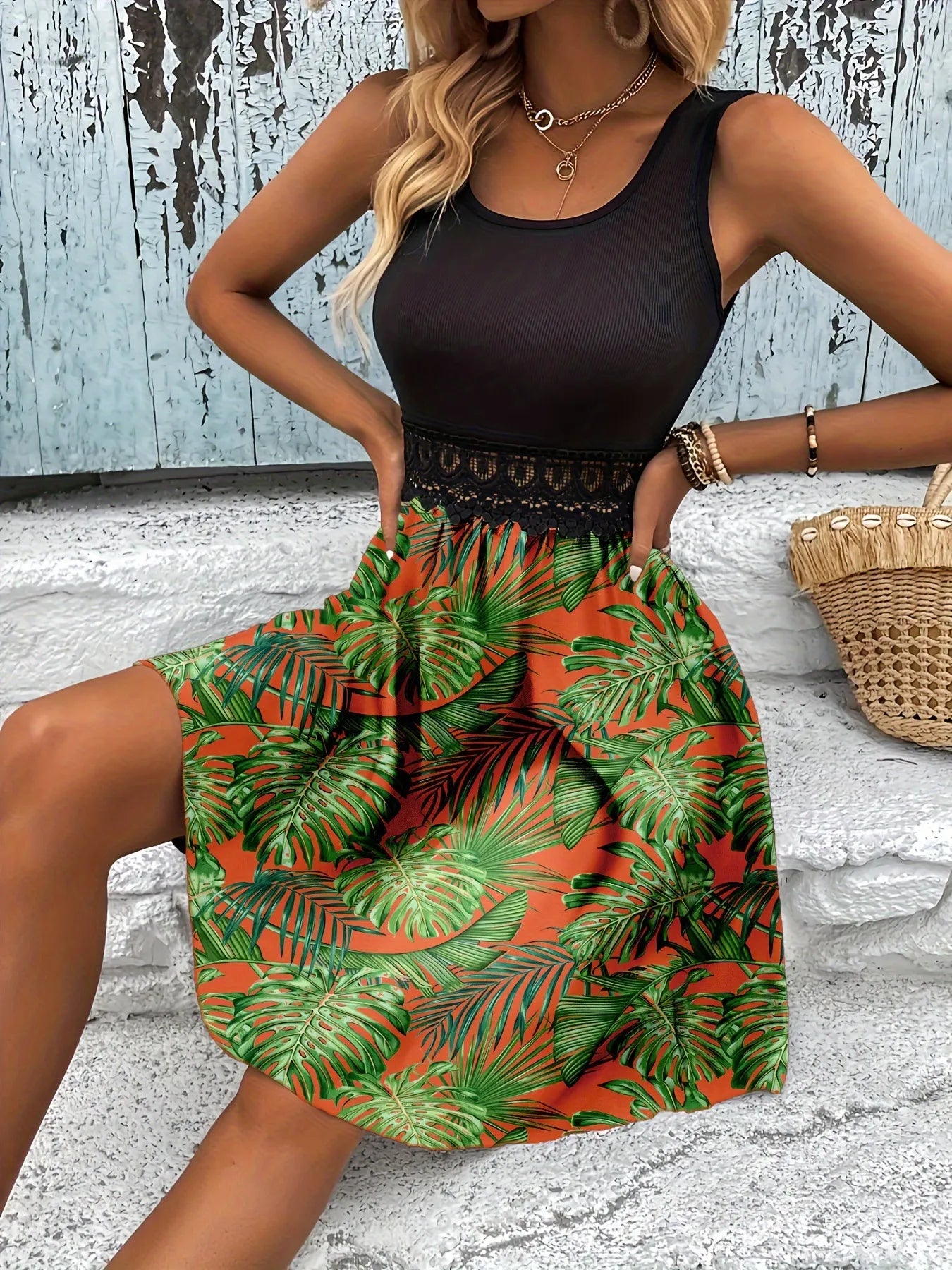 Tropical Print Sleeveless Summer Dress with Lace Waist Detail Orange / S