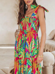 Tropical Print Tie Shoulder Maxi Dress