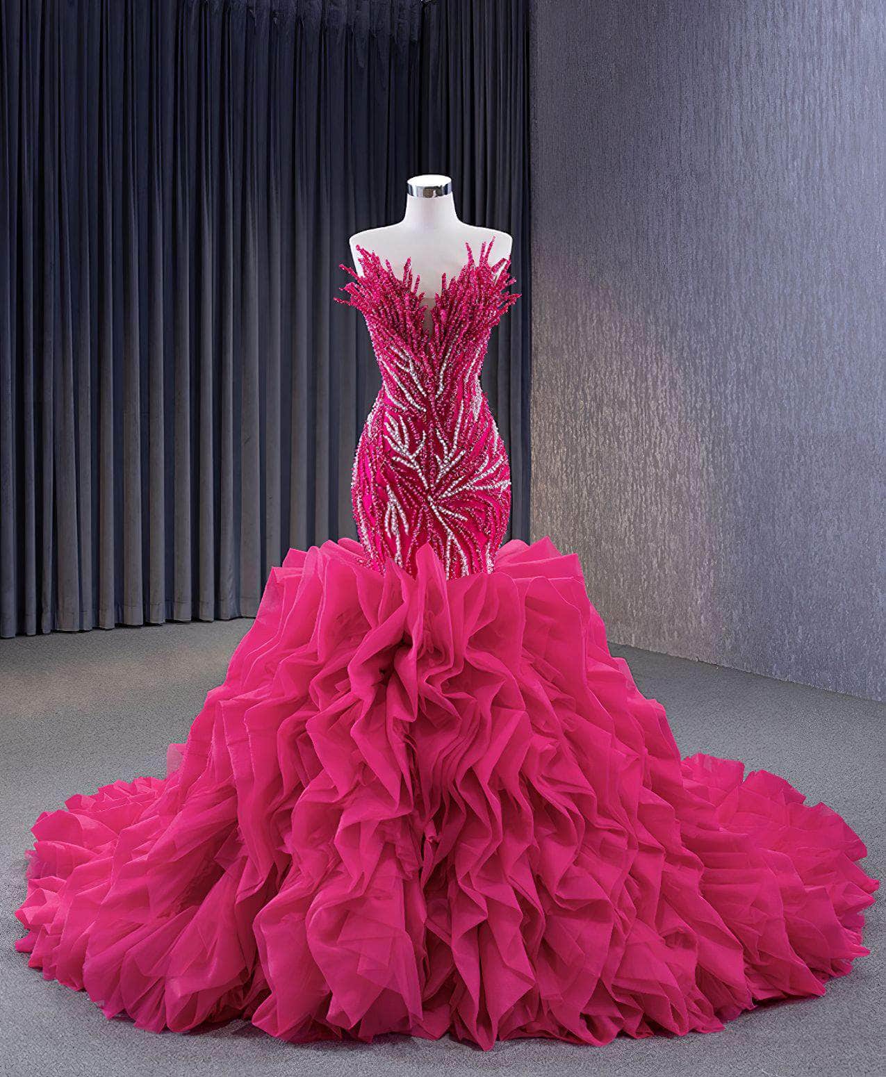 Tube Heavily Beaded Two Toned Ruched Tiered Ball Dress - OPM215