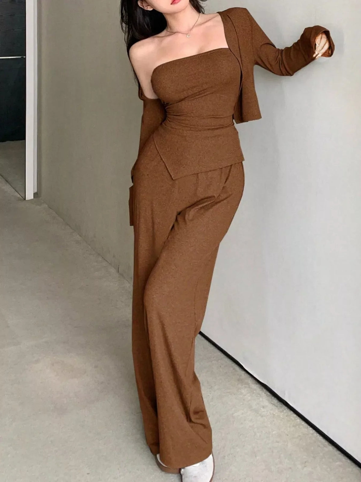 Tube Top & Cardigan and Wide-Leg Pants Set Taupe / S