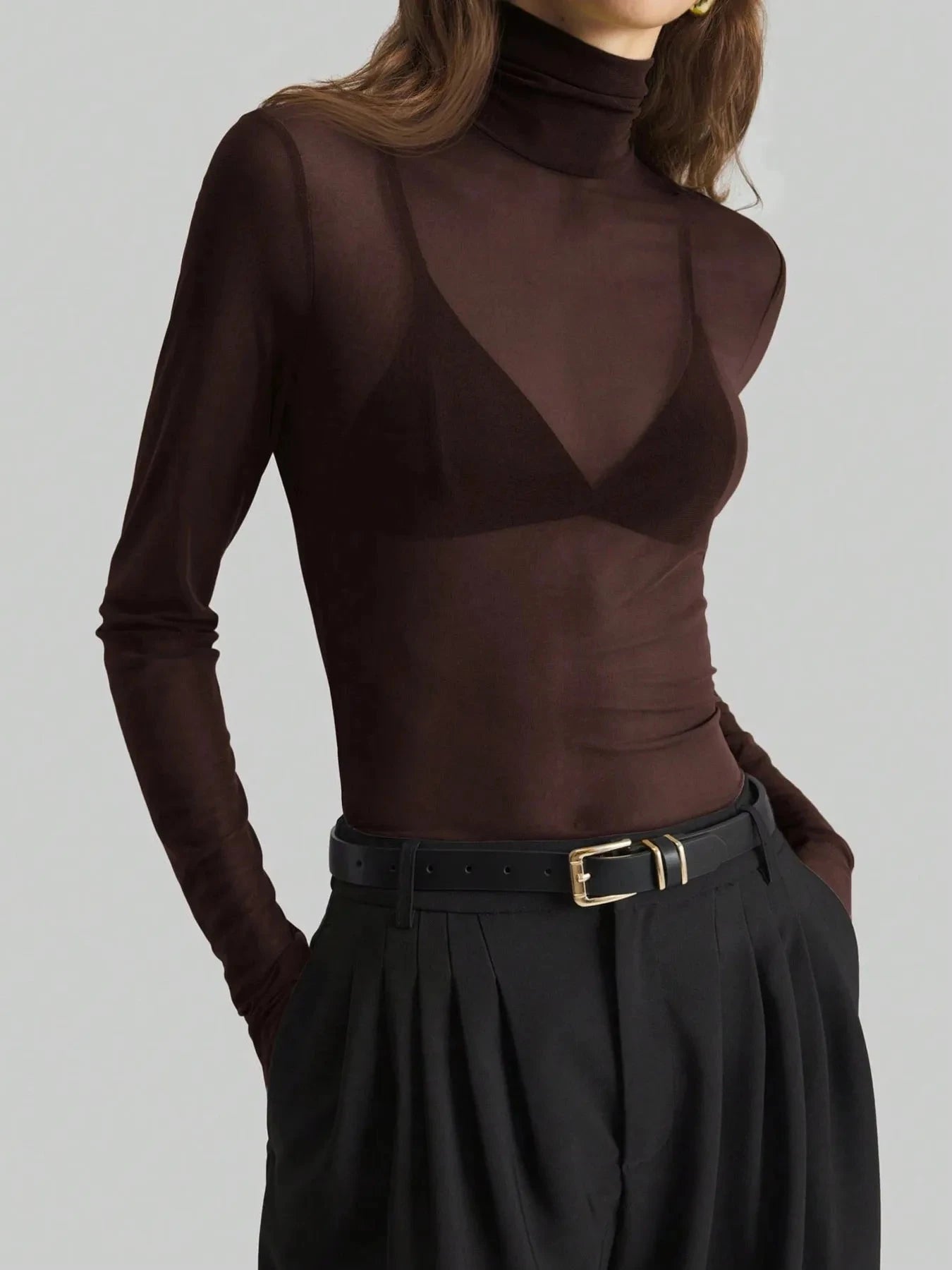 Turtleneck Long Sleeve Top Dark Brown / S