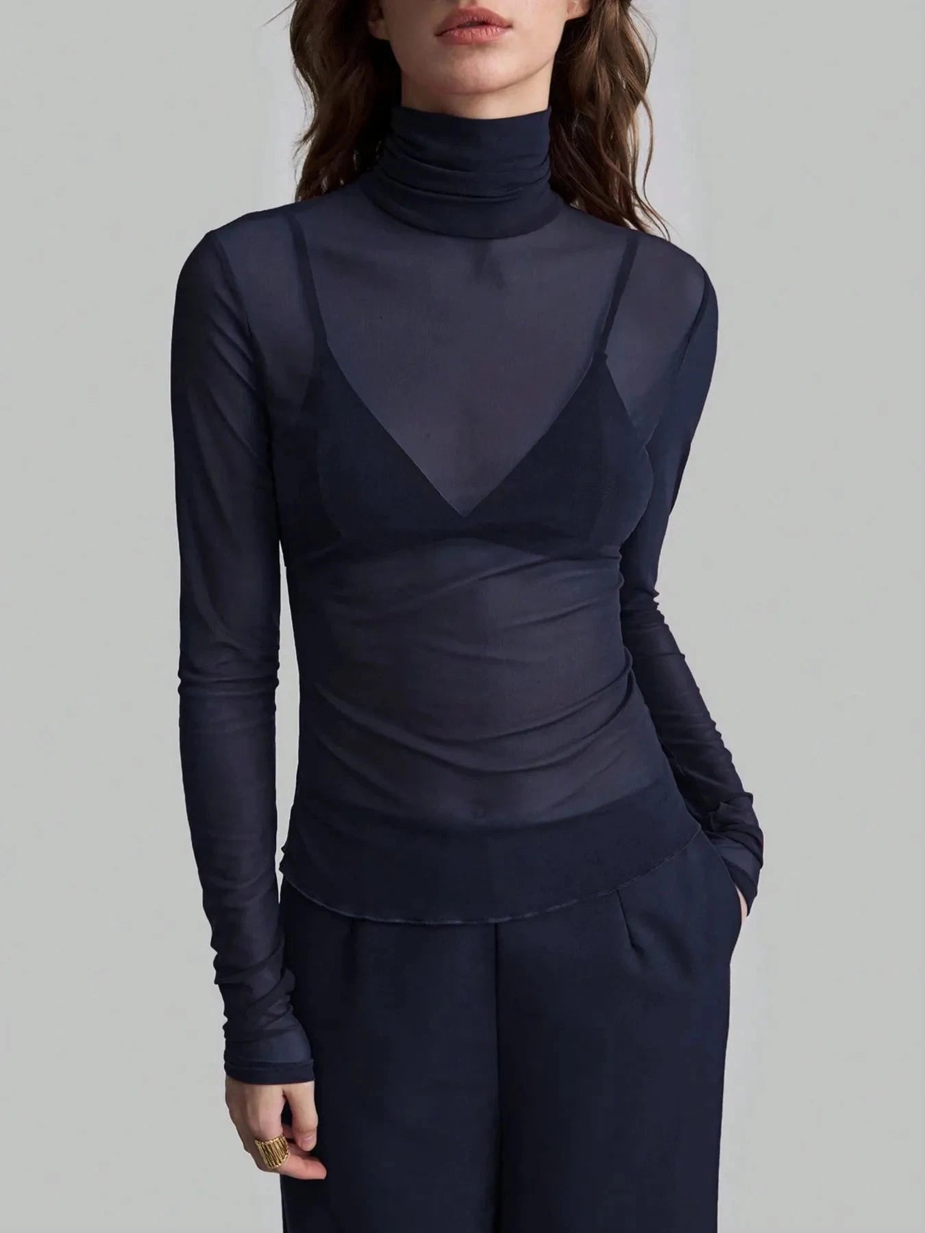 Turtleneck Long Sleeve Top Navy Blue / S