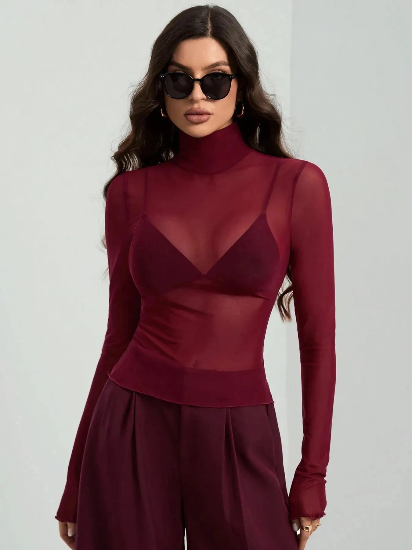 Turtleneck Long Sleeve Top Wine Red / S