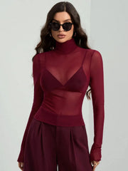 Turtleneck Long Sleeve Top Wine Red / S