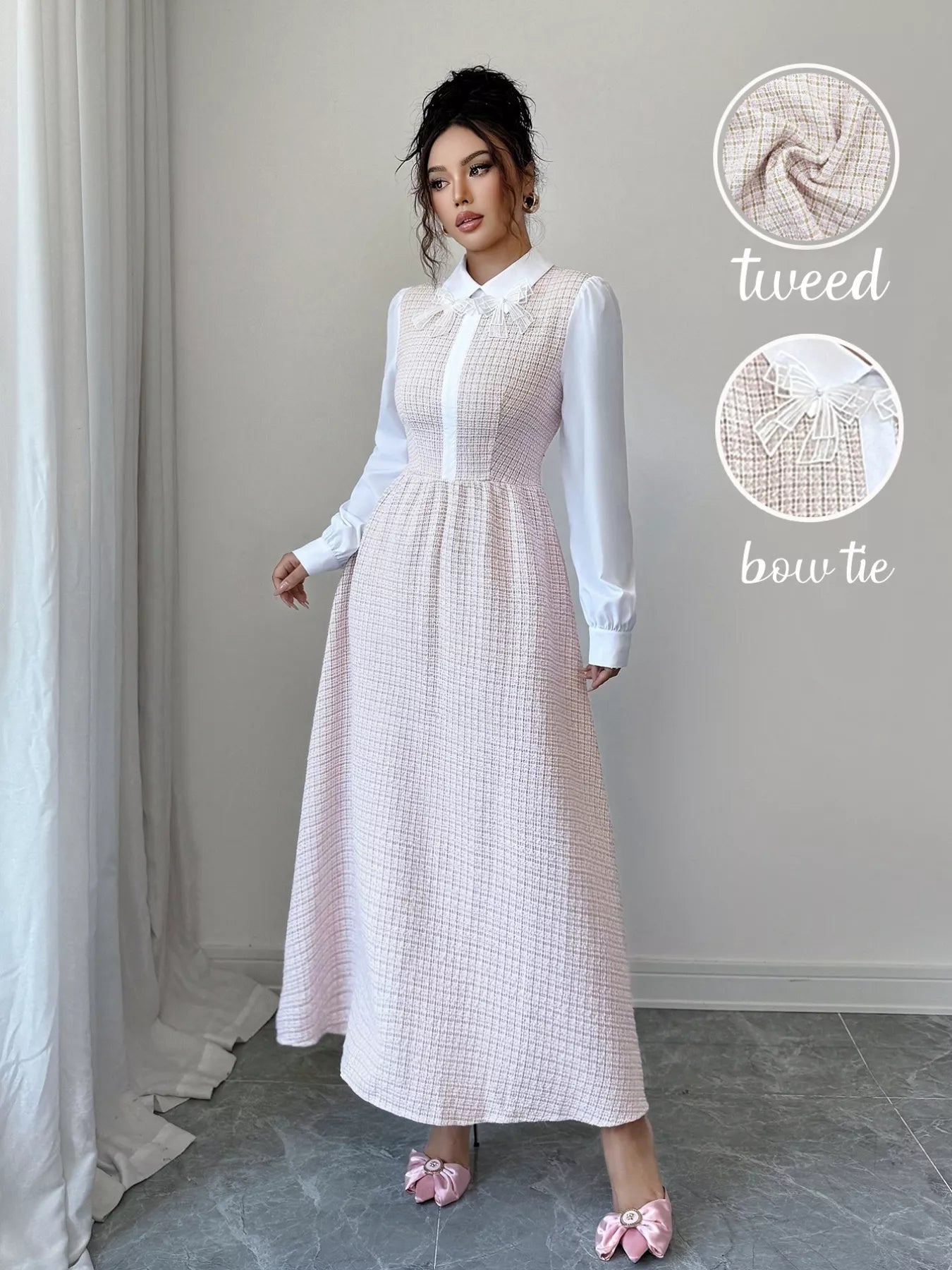 Tweed Long Sleeve A-Line Midi Dress