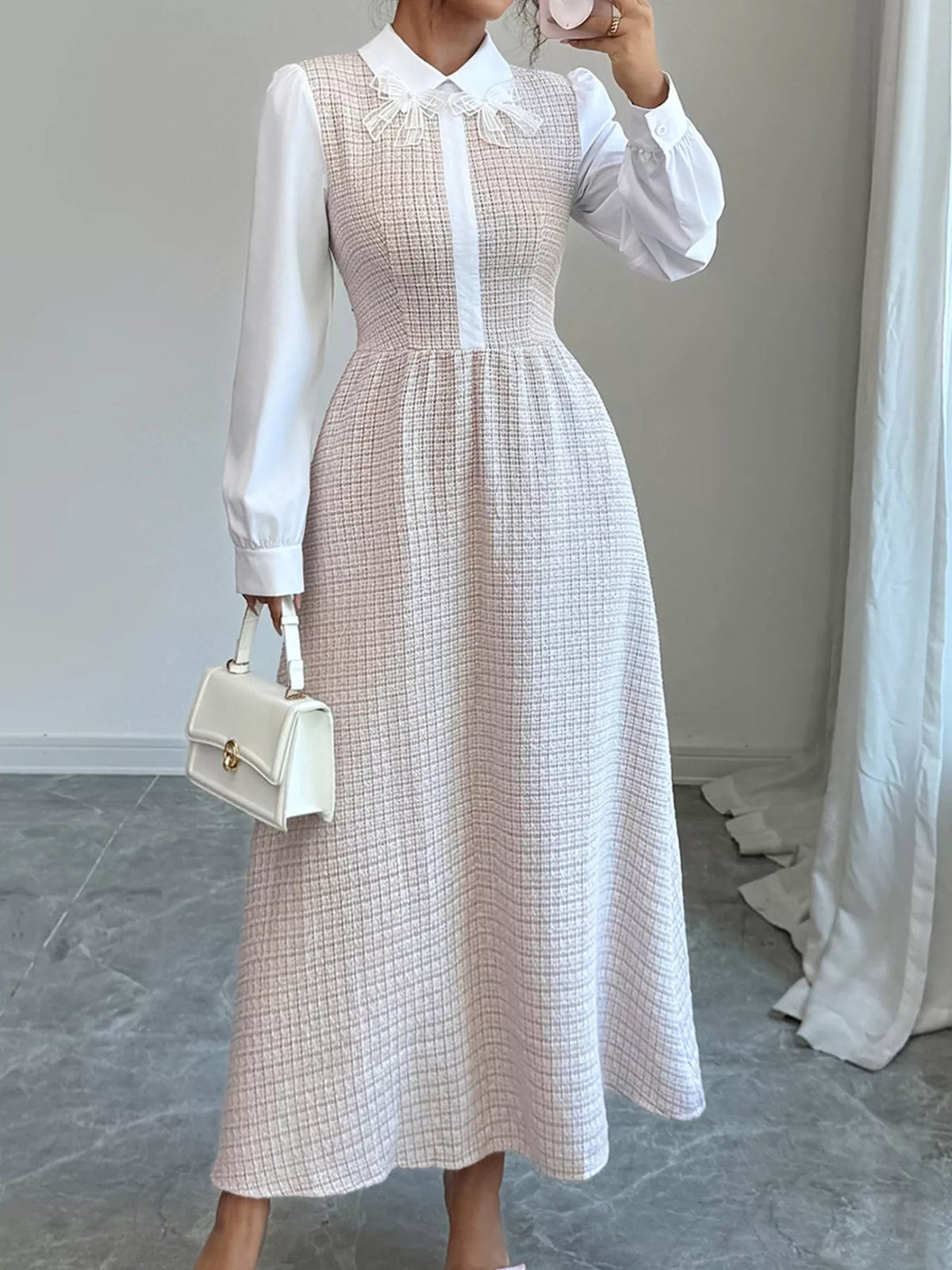 Tweed Long Sleeve A-Line Midi Dress Apricot / S