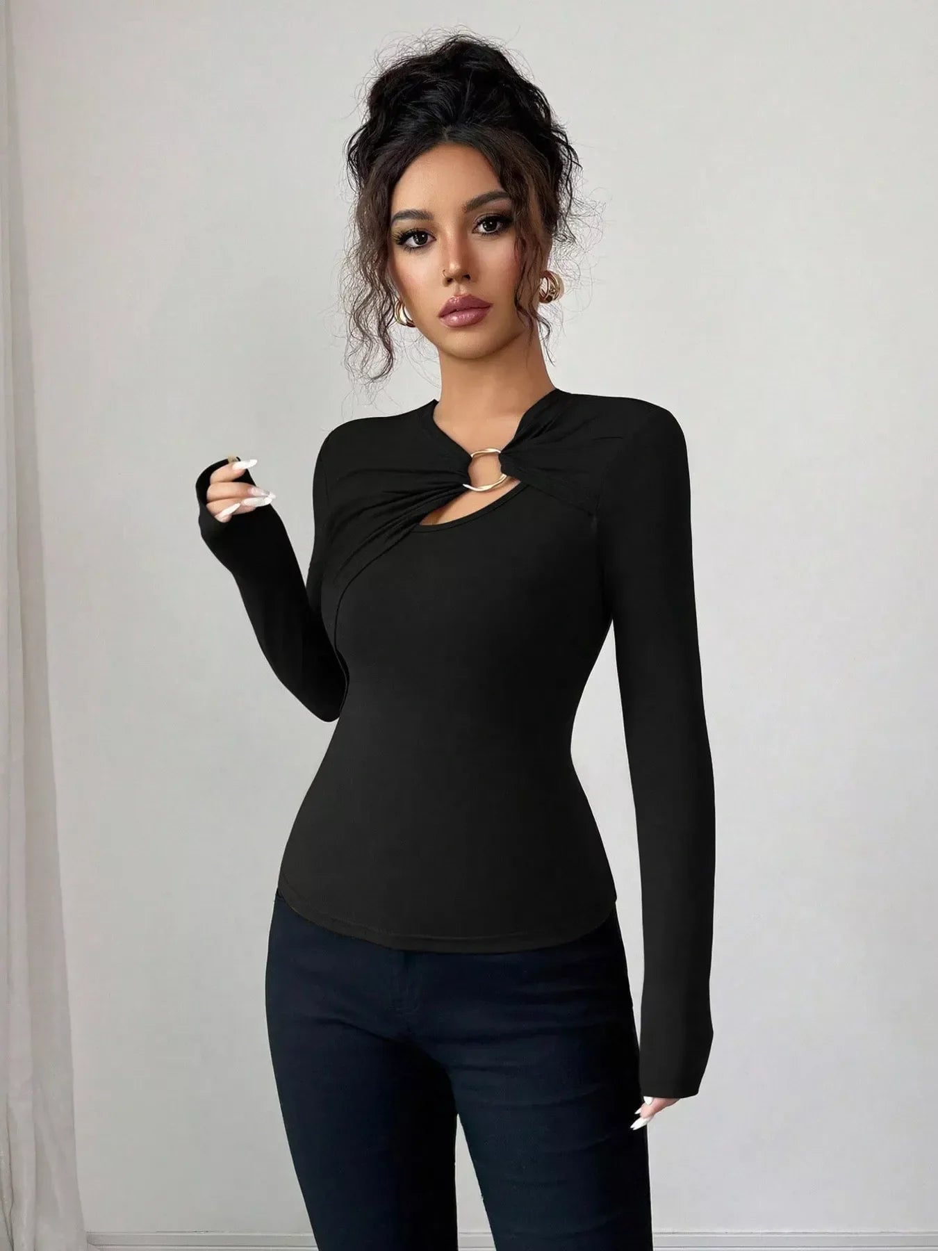 Twist Front Ring Detail Long Sleeve T-Shirt