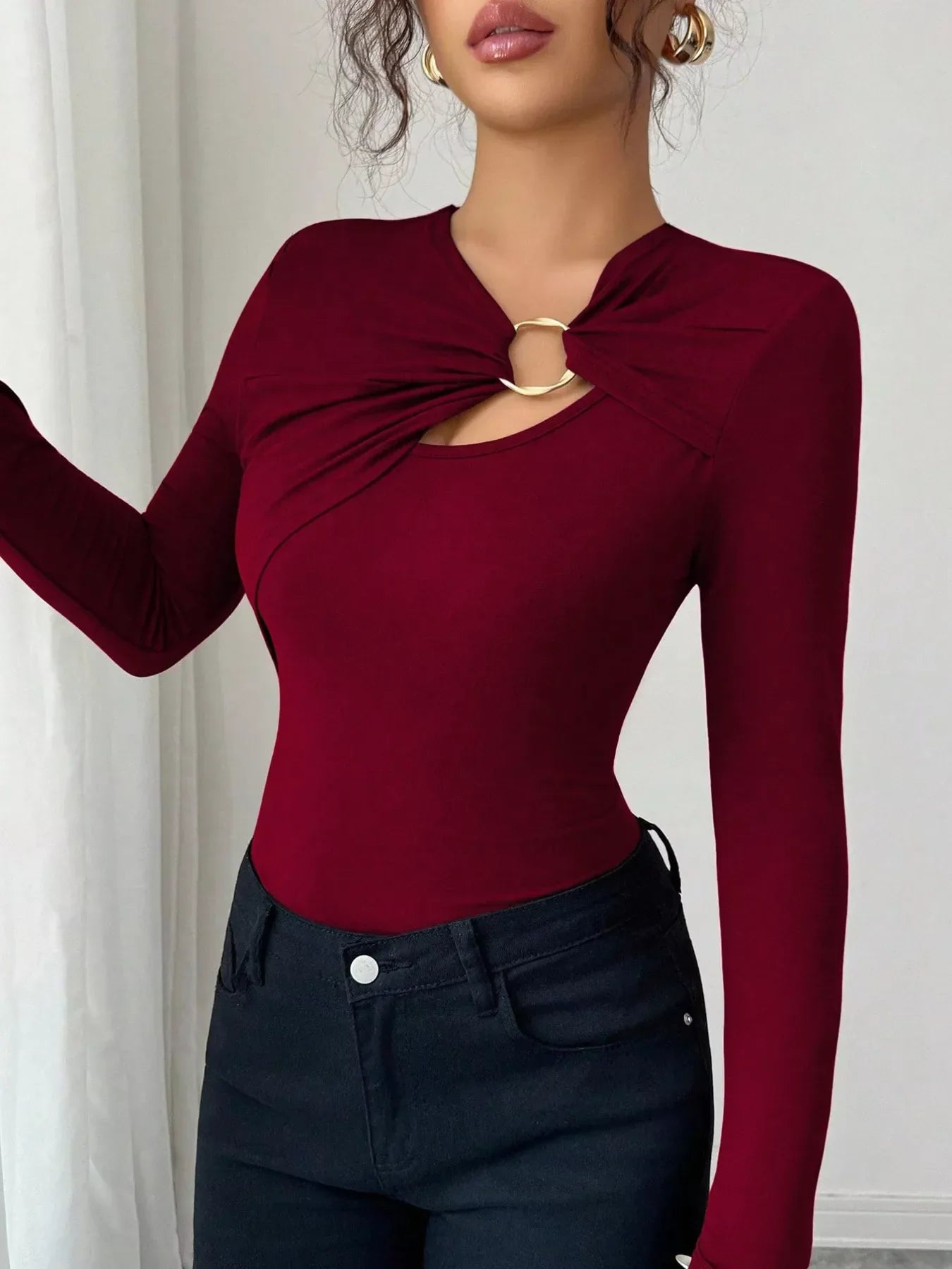Twist Front Ring Detail Long Sleeve T-Shirt