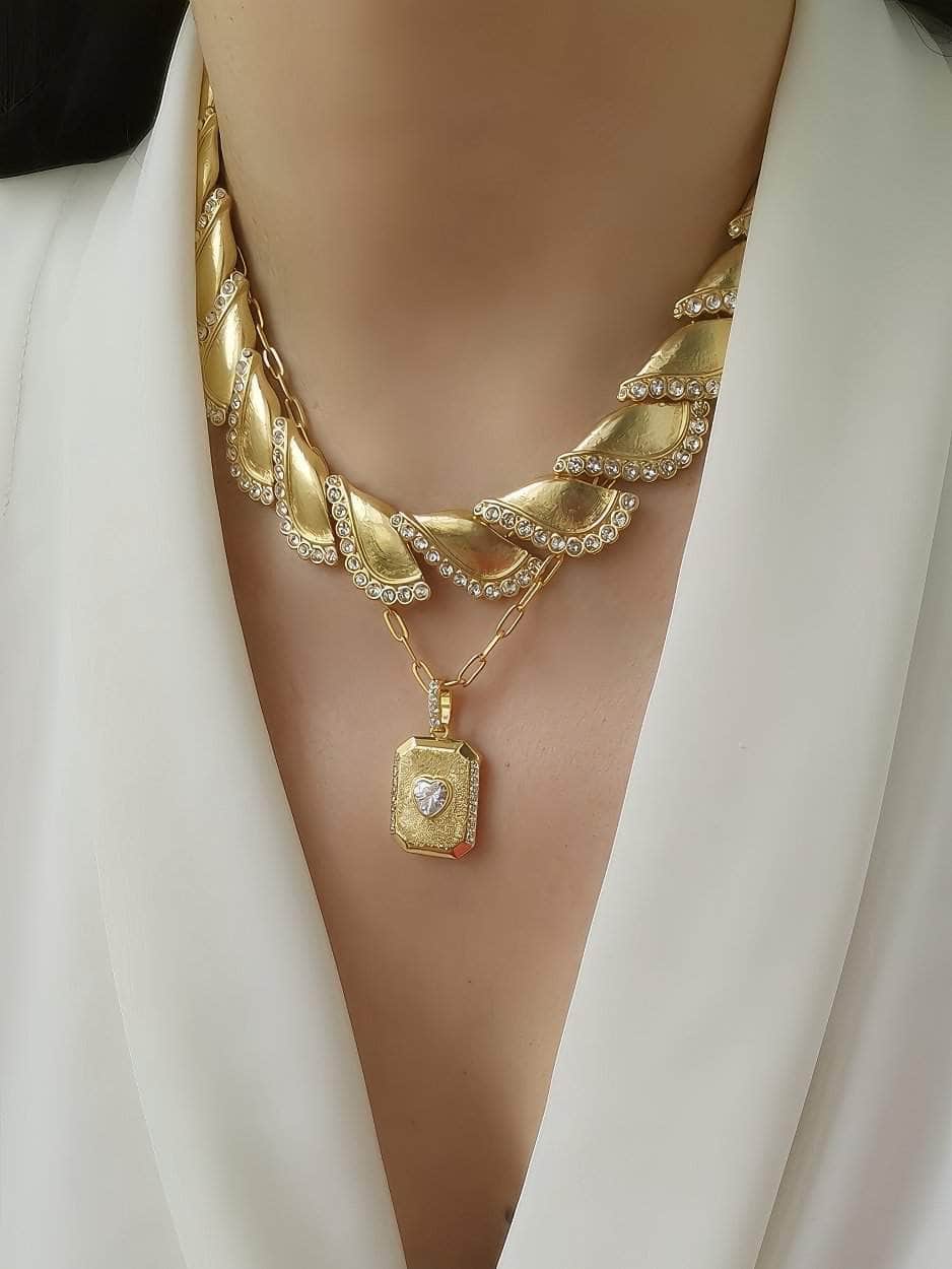 Twisted Paved Cuban Rhinestone Accented Necklace Gold / Necklace
