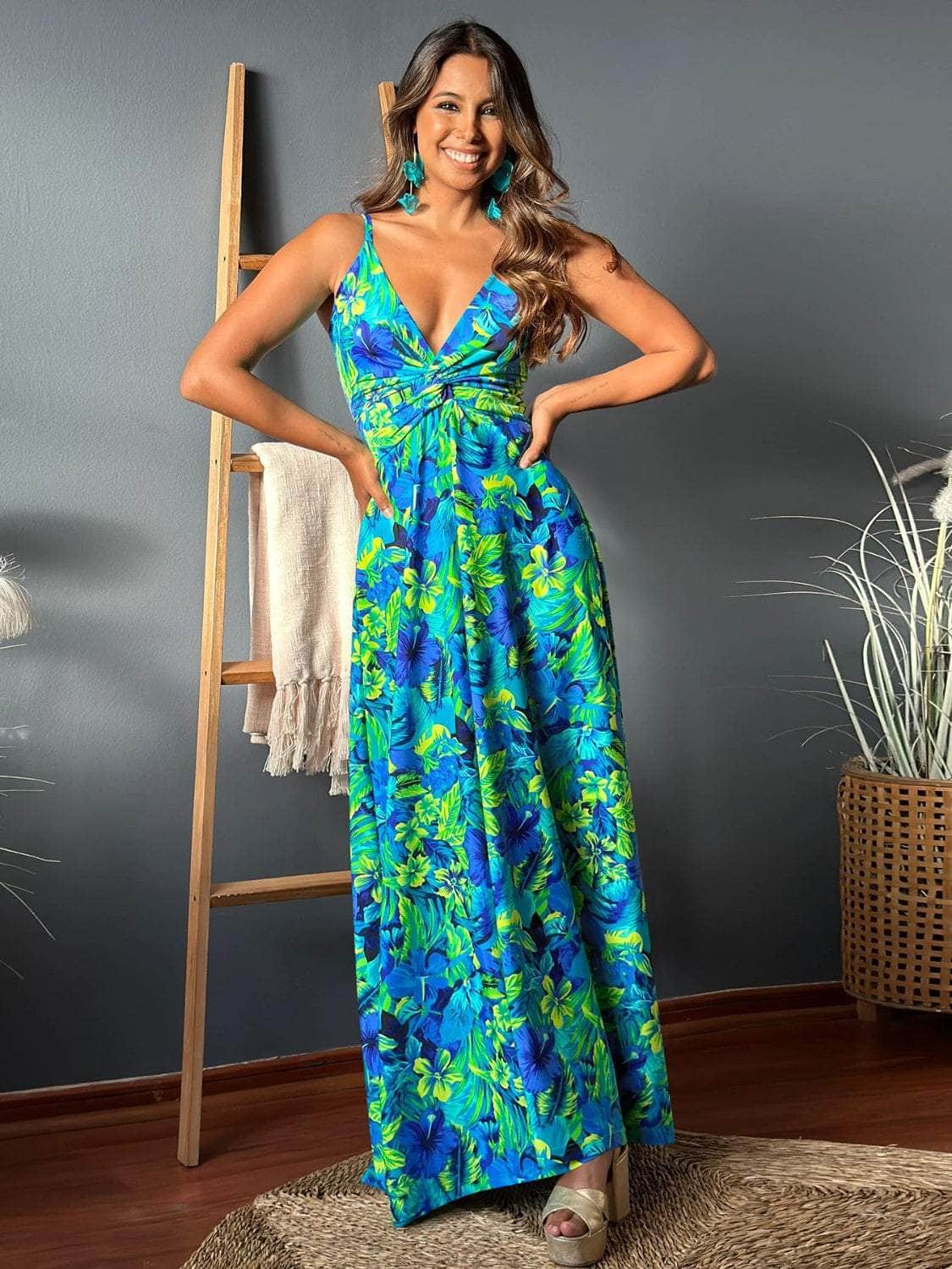 Twisted Printed V-Neck Cami Dress Royal Blue / S