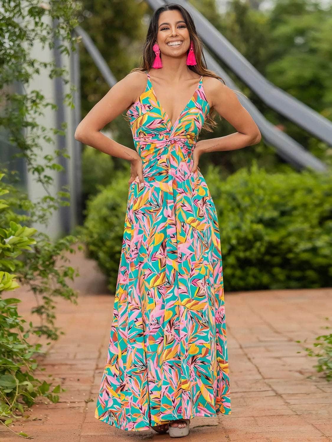 Twisted Printed V-Neck Cami Dress Turquoise / S