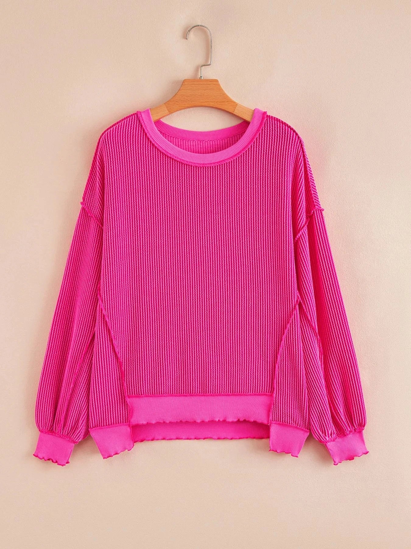 Twisted Rib Uneven Hem Drop Shoulder Loose Sweatshirt