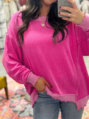 Twisted Rib Uneven Hem Drop Shoulder Loose Sweatshirt