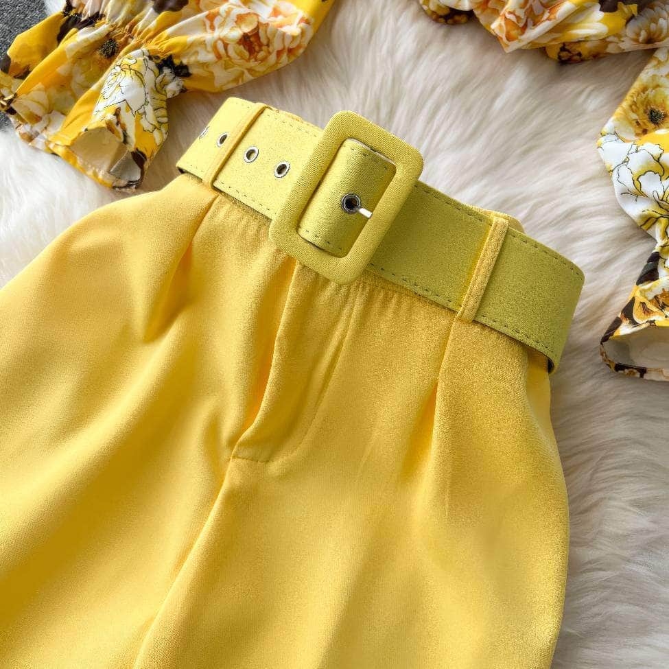 Two Piece Floral Ruched Sleeves Blouse Belted Wide Leg Pants