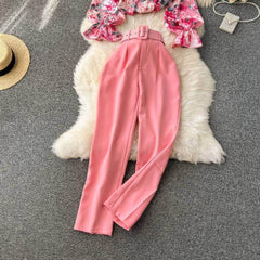 Two Piece Floral Ruched Sleeves Blouse Belted Wide Leg Pants
