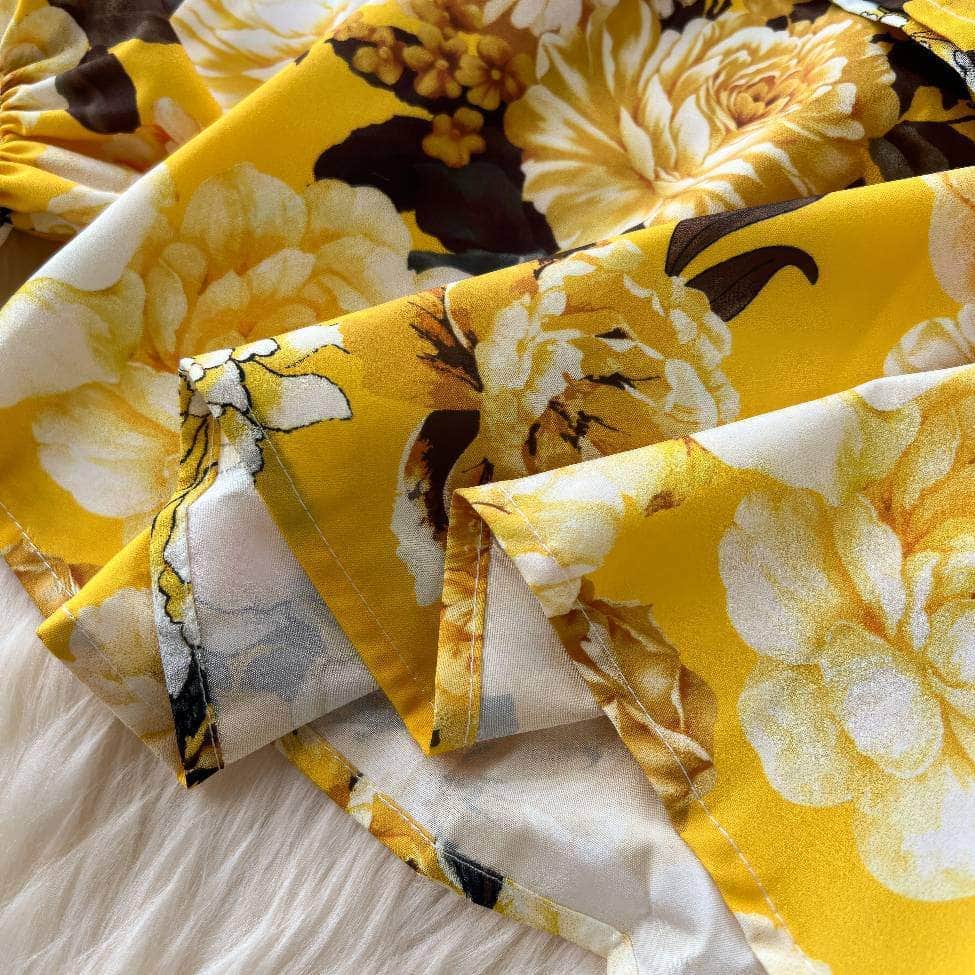 Two Piece Floral Ruched Sleeves Blouse Belted Wide Leg Pants